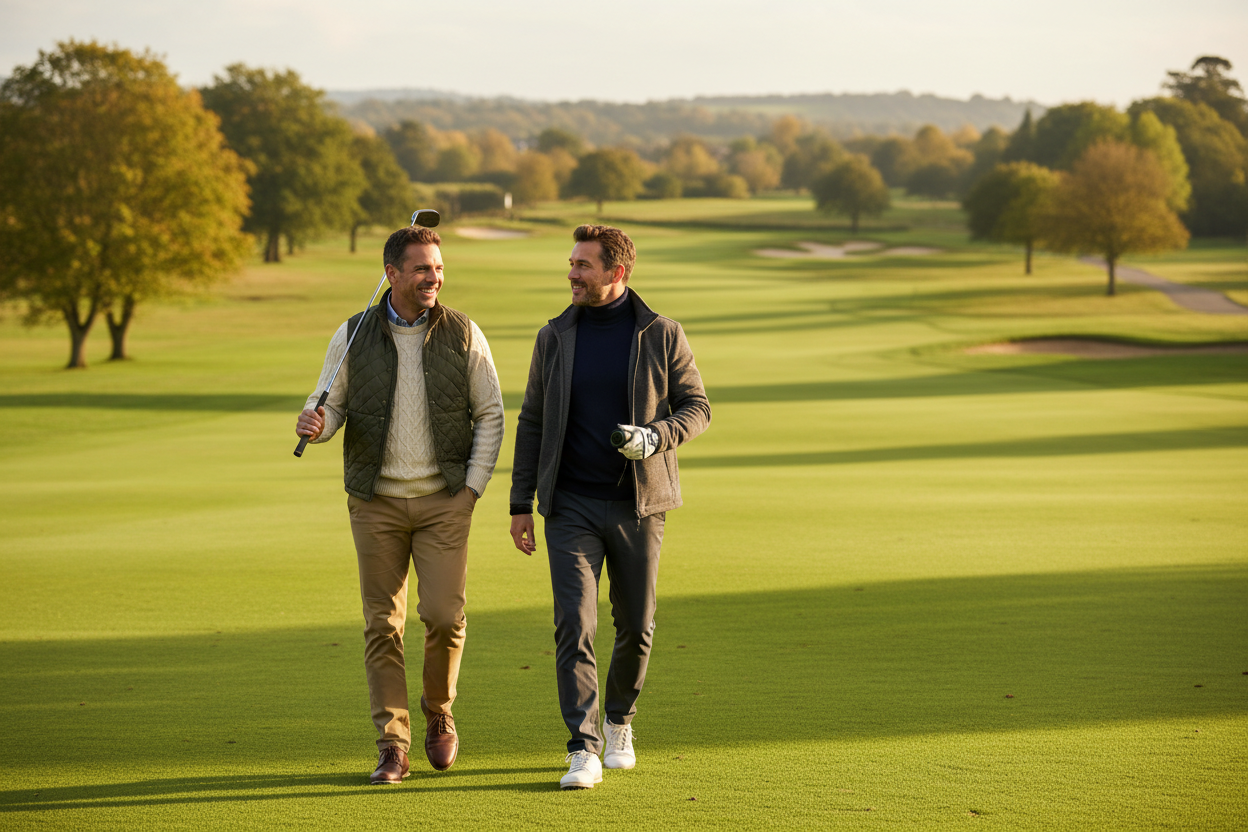 Homens com suéteres e jaquetas em campo de golfe