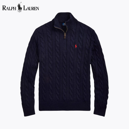 RL Chunky Kabelstrick-Pullover aus Baumwolle mit kurzem Reißverschluss